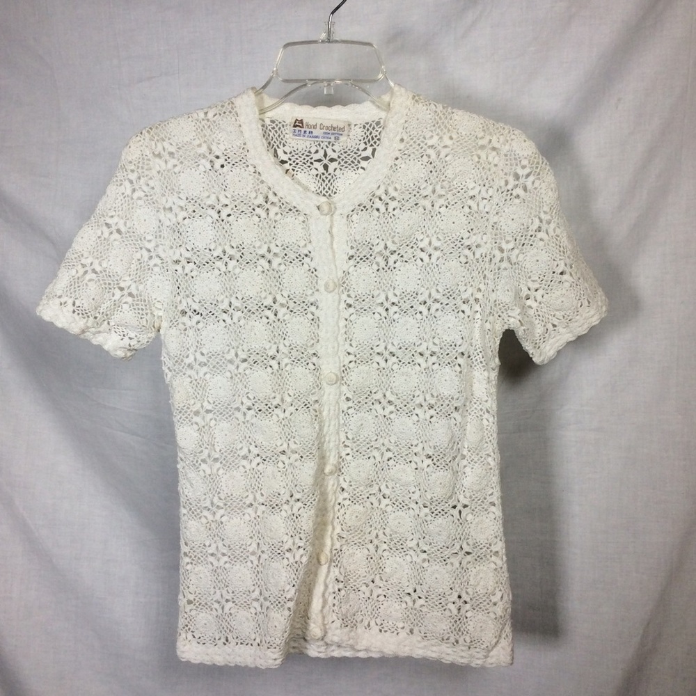 Hand Crocheted Women’s White Button Up Top VTG